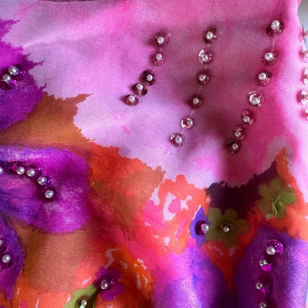 Miss Elliette California Hand-Beaded Floral Crop Blouse Sheer Sleeves Vtg 60s - Picture 11 of 16